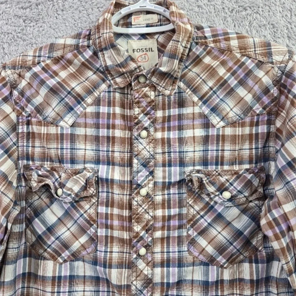 Fossil 54 Authentic Men's Small Vintage Fit Plaid Western Pearl Snap Shirt Brown